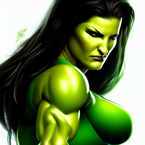 Prompt: beautiful Gina Carano skinny thin She Hulk green skin, symmetrical, middle shot, portrait, highly detailed, digital painting, artstation, concept art, smooth, sharp focus, illustration