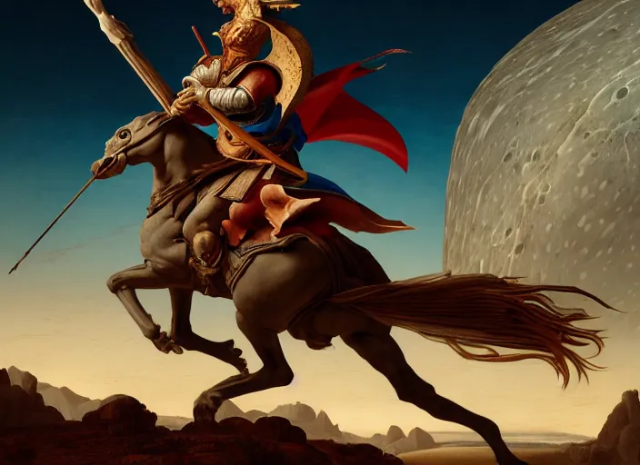 Prompt: stylized painting saint george slaying a dragon on the moon, renaissance painting, leonardo da vinci, raphael, artgerm, dungeons and dragons, photorealism, hyperrealism, octane render, unreal engine 5, light transport simulation