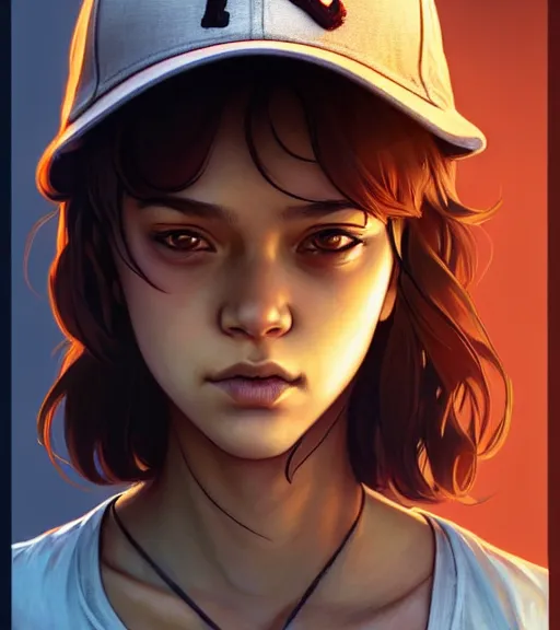 Image similar to symmetry ( clementine from the walking dead wearing her iconic baseball ( letter d ) hat ) ultra detailed, intricate, anime, dynamic lighting, digital art, digital painting, art station, wlop, sharp focus, illustration, art by artgerm and greg rutkowski and alphonse mucha