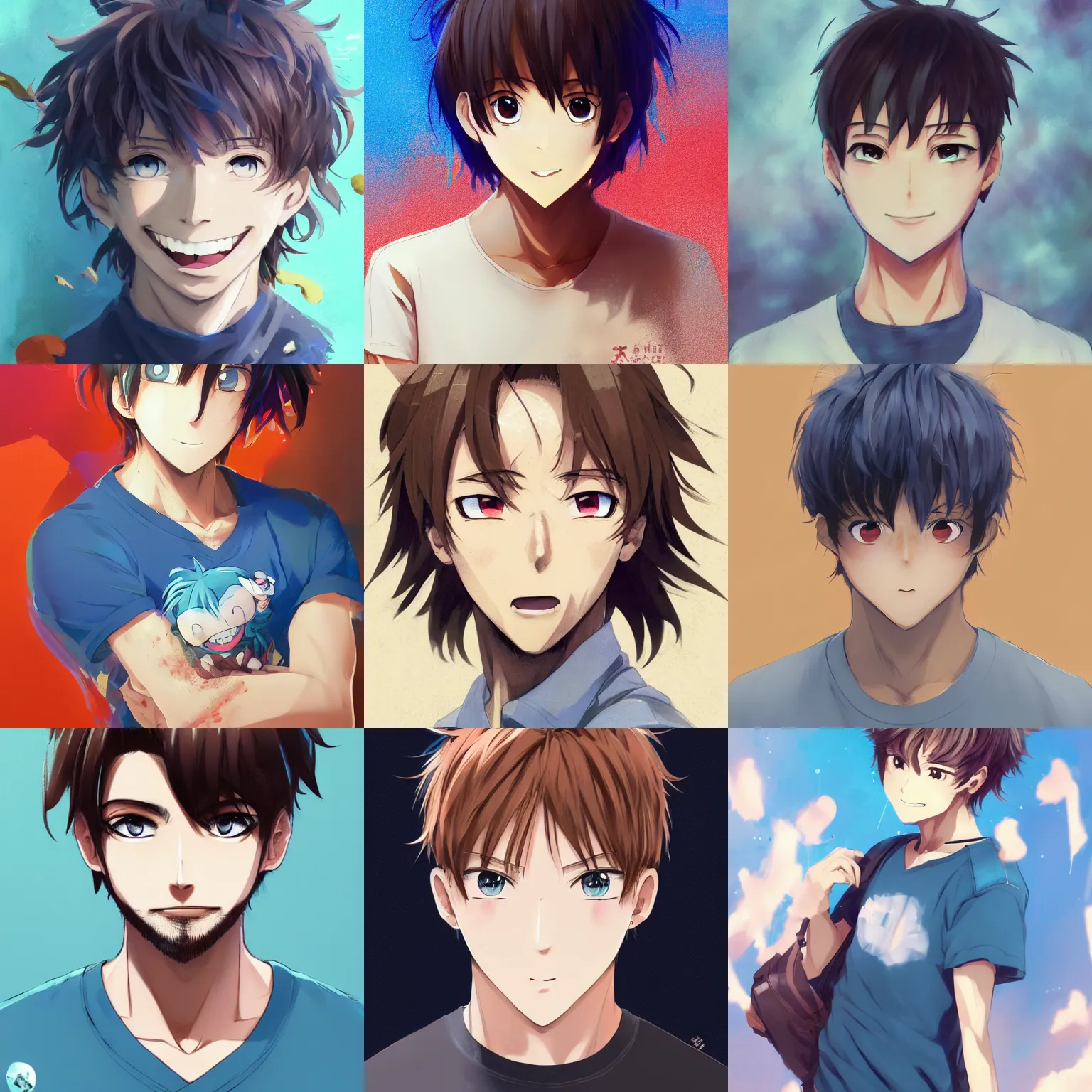 Prompt: A medium shot anime portrait of a happy anime man with extremely short light walnut hair and blue eyes, wearing a t-shirt, short messy clumps of hair on top, solid background, by Stanley Artgerm Lau, WLOP, Rossdraws, James Jean, Andrei Riabovitchev, Marc Simonetti, and Sakimi chan, trending on artstation