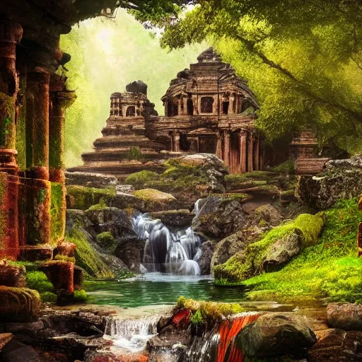 Image similar to temple ruins besides of a waterfall, fantasy art, cinematic