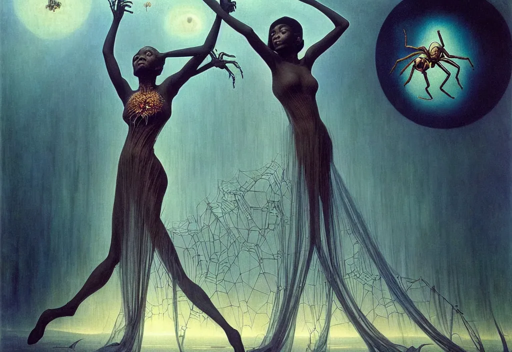 Image similar to realistic detailed portrait movie shot of a single beautiful black woman in a transparent sheer fabric dress dancing with a giant spider, futuristic sci fi landscape background by denis villeneuve, jean delville, yves tanguy, ernst haeckel, alphonse mucha, max ernst, monia merlo, roger dean, sci fi necklace, masterpiece, dreamy, rich moody colours