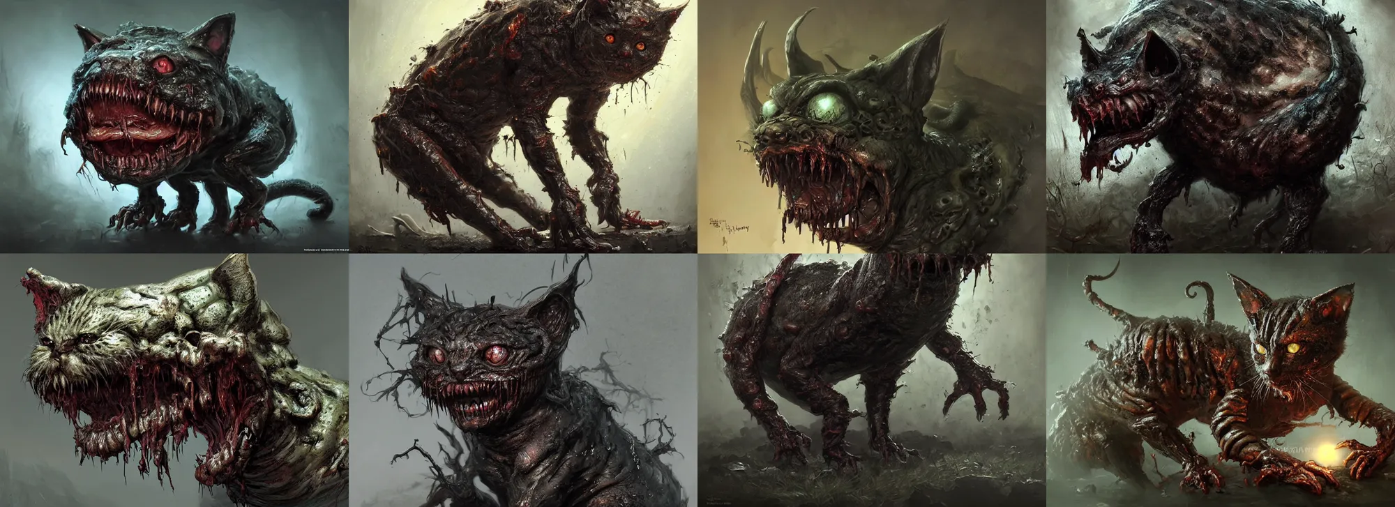 Prompt: a nightmarish slimy monster kitten, with black eyes, rotting flesh, exposed bone, by brad rigney, concept art, dramatic lighting, highly detailed digital painting