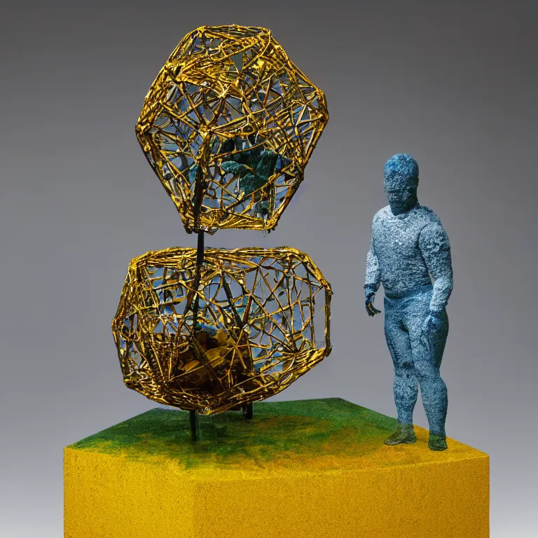 Prompt: hyperrealistic sculpture of a bronze fossilized ancient lego dodecahedron turtle dusted with saffron and deep blue and grass green spraypaint and beeswax in a grid cage on a pedestal by ron mueck and duane hanson and lee bontecou, hyperrealistic dramatic colored lighting trending on artstation 8 k