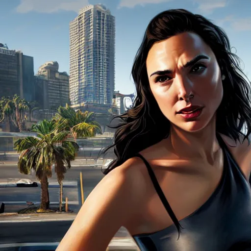 Image similar to gal gadot in gta v, cover art by stephen bliss, artstation, no text