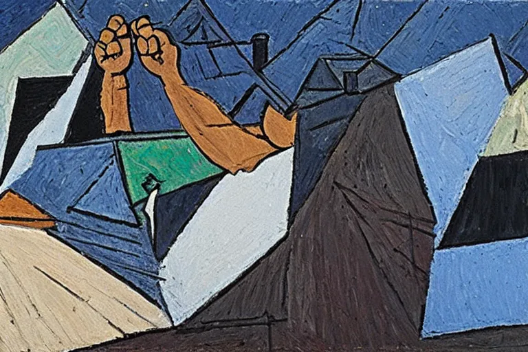 Prompt: mike tyson lying shingles on a roof by picasso