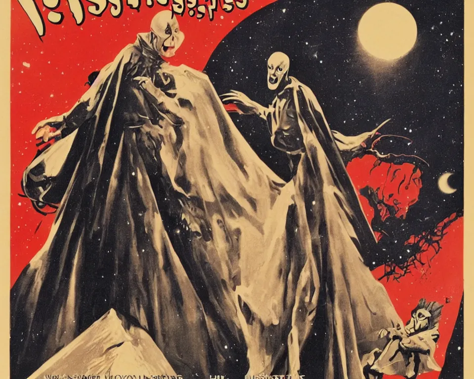 Prompt: a vintage horror movie poster featuring Nosferatu in space