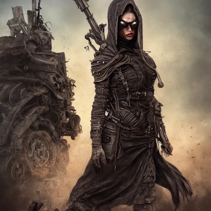 Image similar to beautiful apocalyptic woman in hooded cloak, standing on mad max panzer tank, hyper-detailed, smooth, sharp focus, 4k ultra hd, fantasy dark art, tank girl, artgerm, artstation, octane render, elegant, detailed digital painting, apocalyptic art