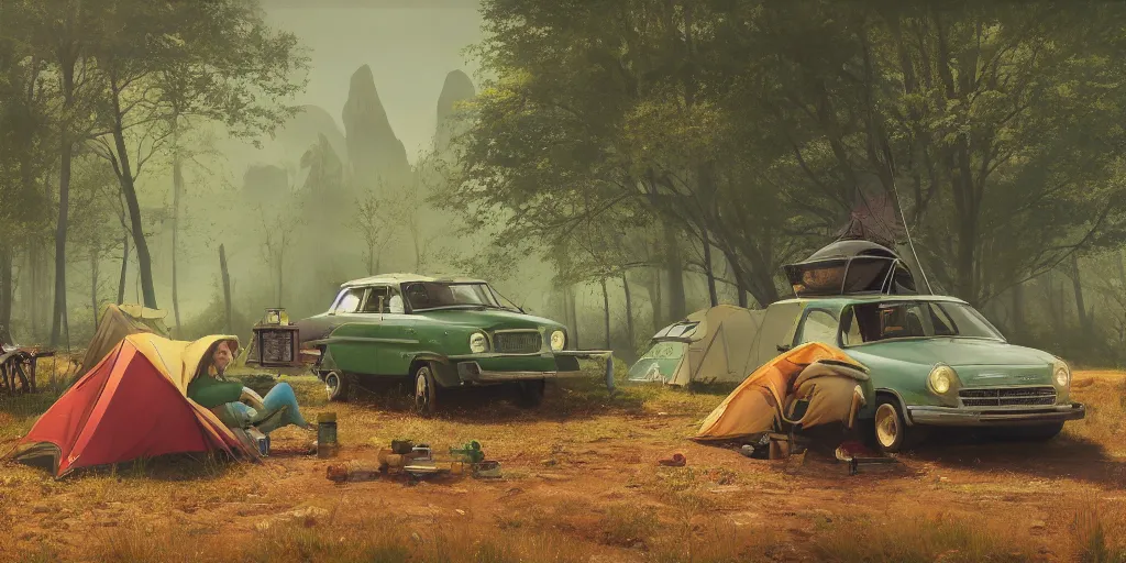 Image similar to two women camping next to green car, elegant scene, low angle, wide angle, indian forest, wide angle, cinematic, ultrarealistic, trending on artstation, cgsociety, highly detailed, color graded, rendered in unreal engine 4 k hq, matte painting, by simon stalenhag and hudson river school, horizon forbidden west