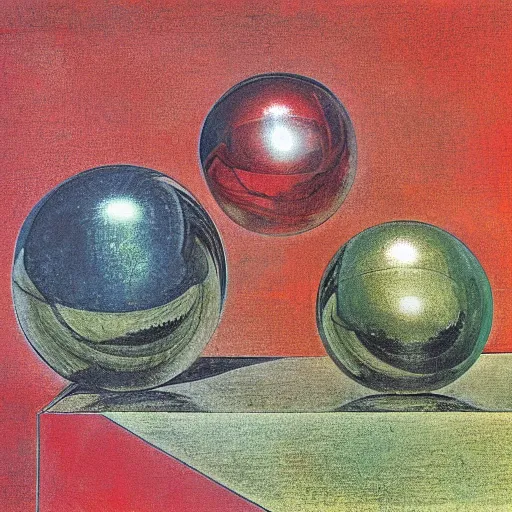 Prompt: chrome spheres on a red cube by william blake