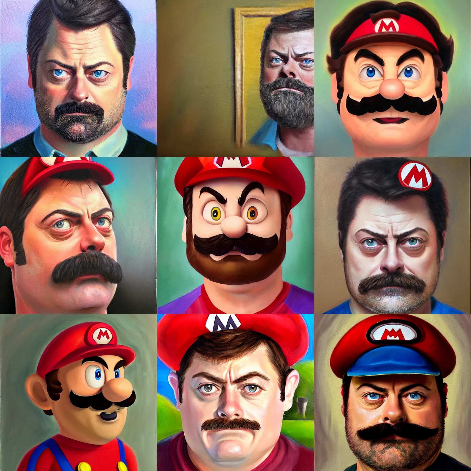 Prompt: portrait of nick offerman as mario, realistic oil painting