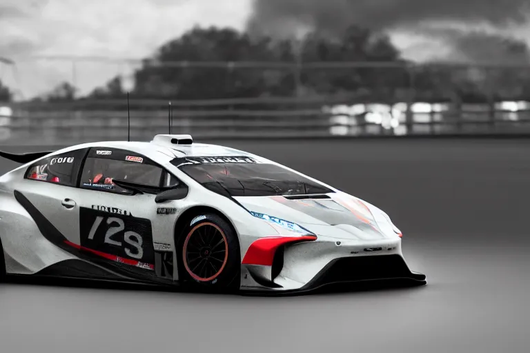 Prompt: Toyota Prius 2022. Toyota GT Le Mans car racing on dimly lit track overcast skies raining headlights illuminating track, volumetric lighting cinematic vray photo muted colors dark cinematic. front side view uncropped centered. artstation trending dramatic harsh lighting low exposure