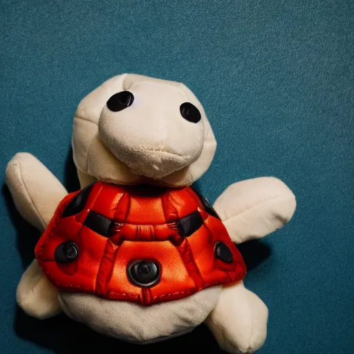 Prompt: a photograph of a turtle plush toy, he is happily playing drums, he is wearing a leather coat, vivid color, 50mm, depth of field