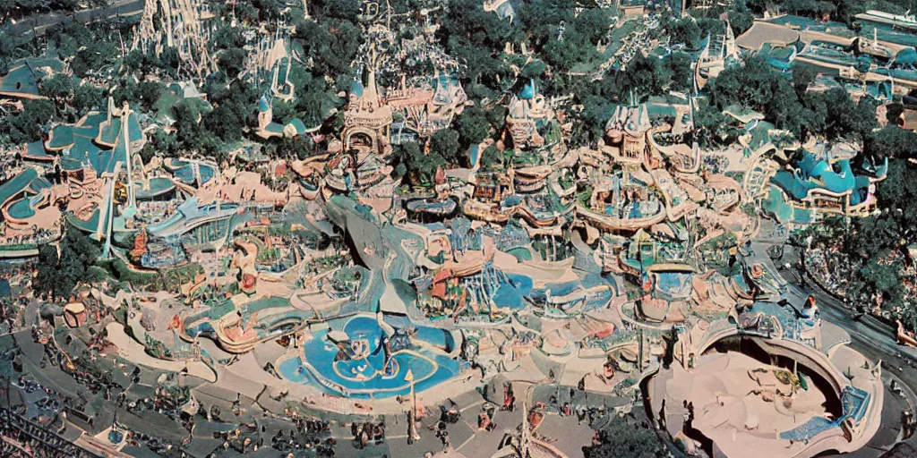 Image similar to 35mm photo of Disneyland, high angle view, 1965, colorized