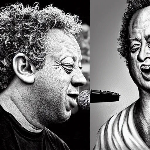 Prompt: Caricature portraits done of Gene Ween singing live on stage, realistic, hyperrealistic, very realistic, highly detailed, very detailed, extremely detailed, detailed, oil painting, digital art, trending on artstation