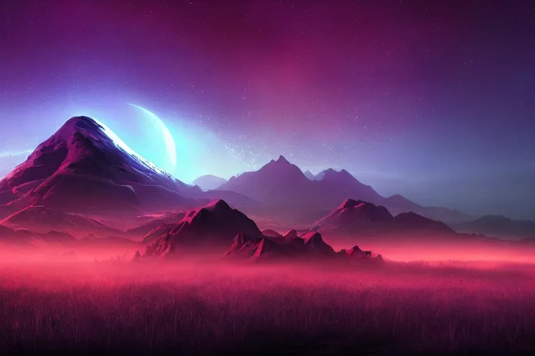 Image similar to Sci-Fi dark high contrast nighttime colorful wallpaper of a beautiful matte landscape painting, 4k, high detail, no noise, low light