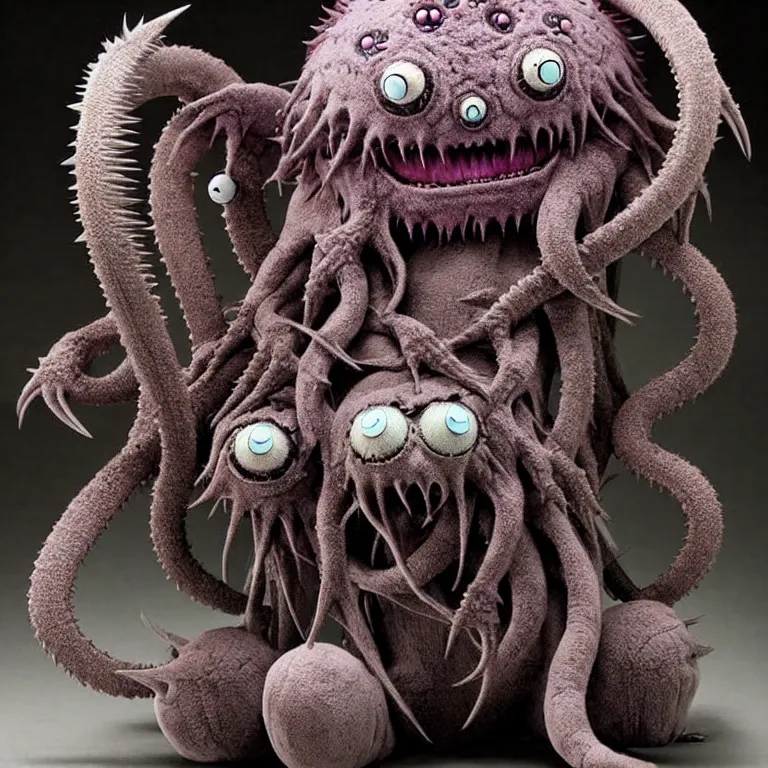 Image similar to photo of cute plush fluffy chibi monster with spikes, tentacles, and many eyes. made by giger, wayne barlowe, dariusz zawadzki, zdzislaw beksinski