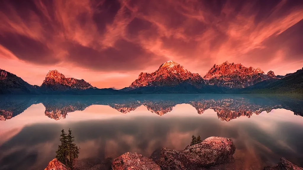 Image similar to amazing landscape photo of mountains with lake in sunset by marc adamus, beautiful dramatic lighting