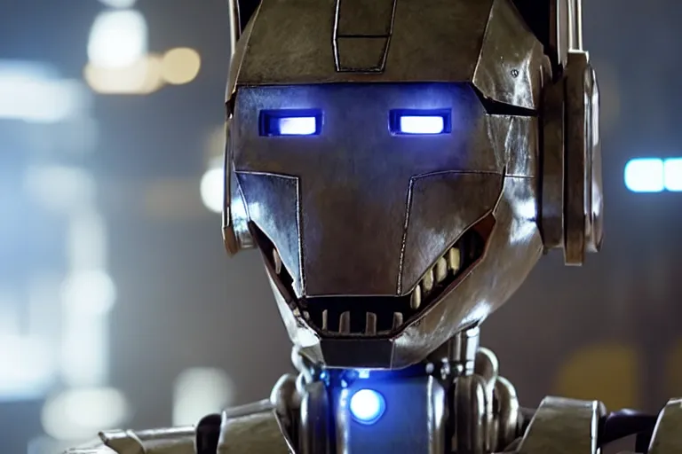 Image similar to film still from the movie chappie of the robot chappie shiny metal outdoor scene bokeh depth of field furry anthro anthropomorphic stylized wolf dog canine ears head android service droid robot machine fursona