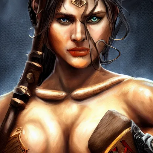 Image similar to amazon female warrior. masterpiece. has an axe. beautiful art. muscular woman. artstation. d & d