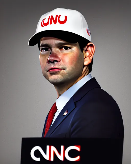 Prompt: a biomorphic portrait of marco rubio wearing a cnn hat, 4 k, octane high quality render