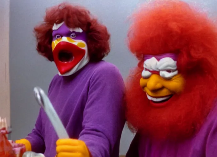 Image similar to film still of ronald mcdonald and grimace in a 1 9 8 0 s slasher movie