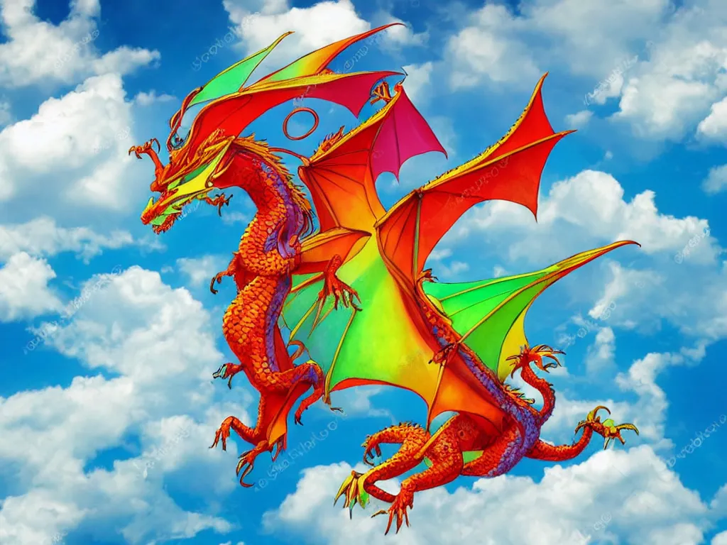 Prompt: colorful dragon spreading its wings and flying through the bright cloudy sky