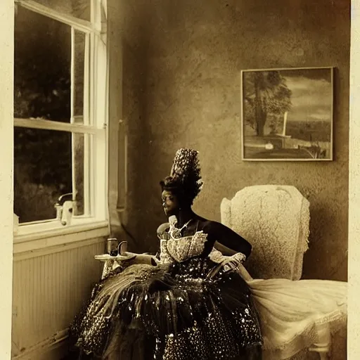 Image similar to fantasy, glow, shimmer, beautiful black victorian woman in a long white frilly lace dress and a large white hat, cow hoof feet, having tea in a sunroom