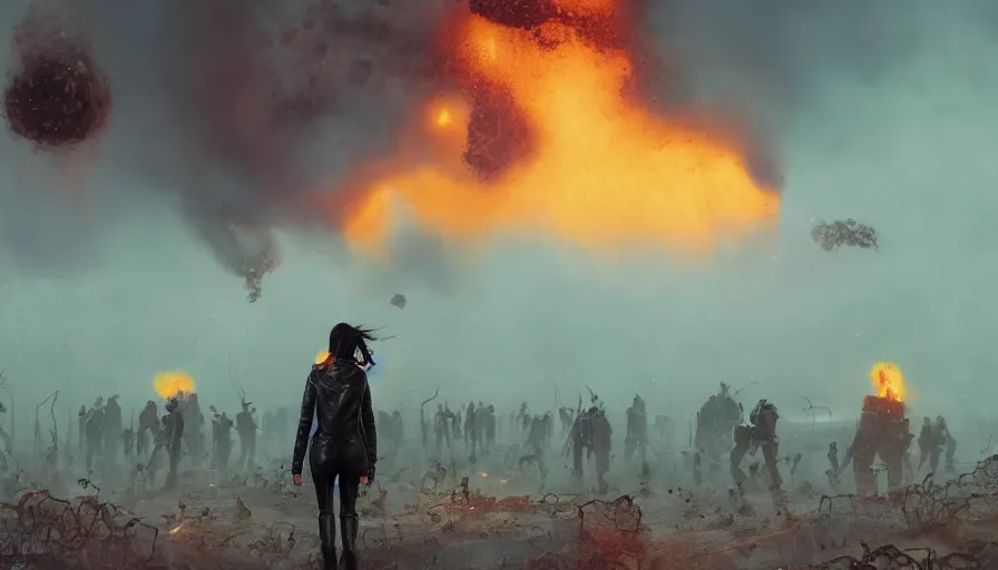 Image similar to woman with black hair and leather jacket walking away from explosion, lovecraftian hellscape, golden tenticles, soldiers and mech fight, simon stalenhag, 4 k, ultra detailed, explosions and smoke