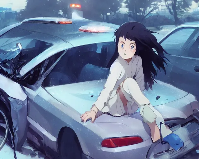 Prompt: a brunnete girl with blue eyes and puffy cheeks lying in a car accident, ambulances around the scene, anime art, Greg Rutkowski, studio ghibli, dramatic lighting