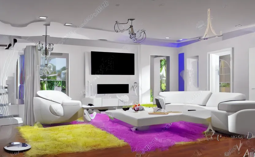 Image similar to Interior shot of a white boujee mansion with modern colorful furniture, very coherent,painted by DotPigeon airbrush