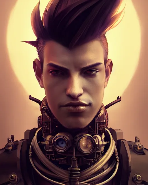 Prompt: male portrait, handsome, detailed mohawk hair, steampunk monocle eye, intricate assasin mecha armor, complex 3 d render by ilya kuvshinov, peter mohrbacher, greg rutkowski, ryohei hase, dramatic lighting, intricate, highly detailed, sharp focus, luminous, unreal engine, blender, deviant art, masterpiece, ray tracing