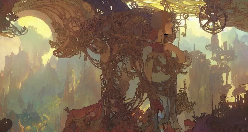 Image similar to A beautiful landscape painting of steampunk landscape by Alfons Maria Mucha and Julie Dillon and Makoto Shinkai