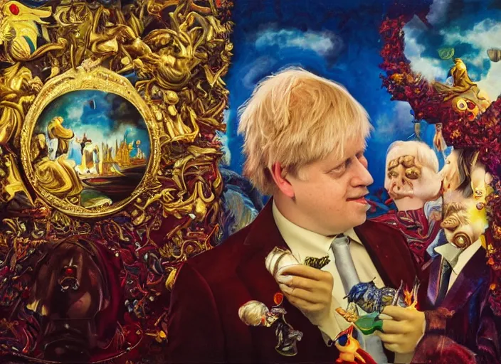 Image similar to rishi sunak and boris johnson in heaven, abstract oil painting by gottfried helnwein pablo amaringo raqib shaw zeiss lens sharp focus high contrast chiaroscuro gold complex intricate bejeweled