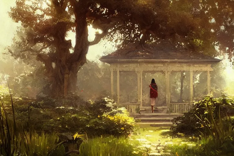 Prompt: a beautiful painting of the garden, shrine, two people, by greg rutkowski, trending on artstation