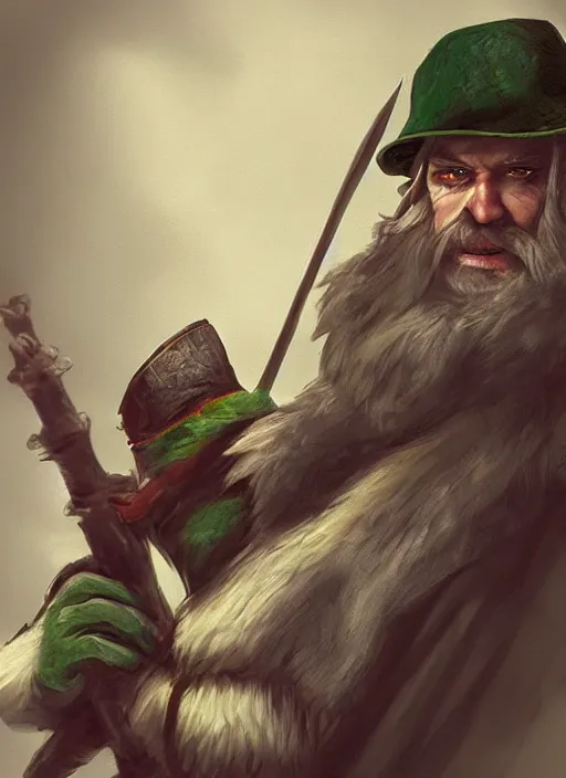 Image similar to ratfolk with a gray beard, tricorne hat, green cape, digital art, fantasy, d & d, warhammer, realistic, detailed