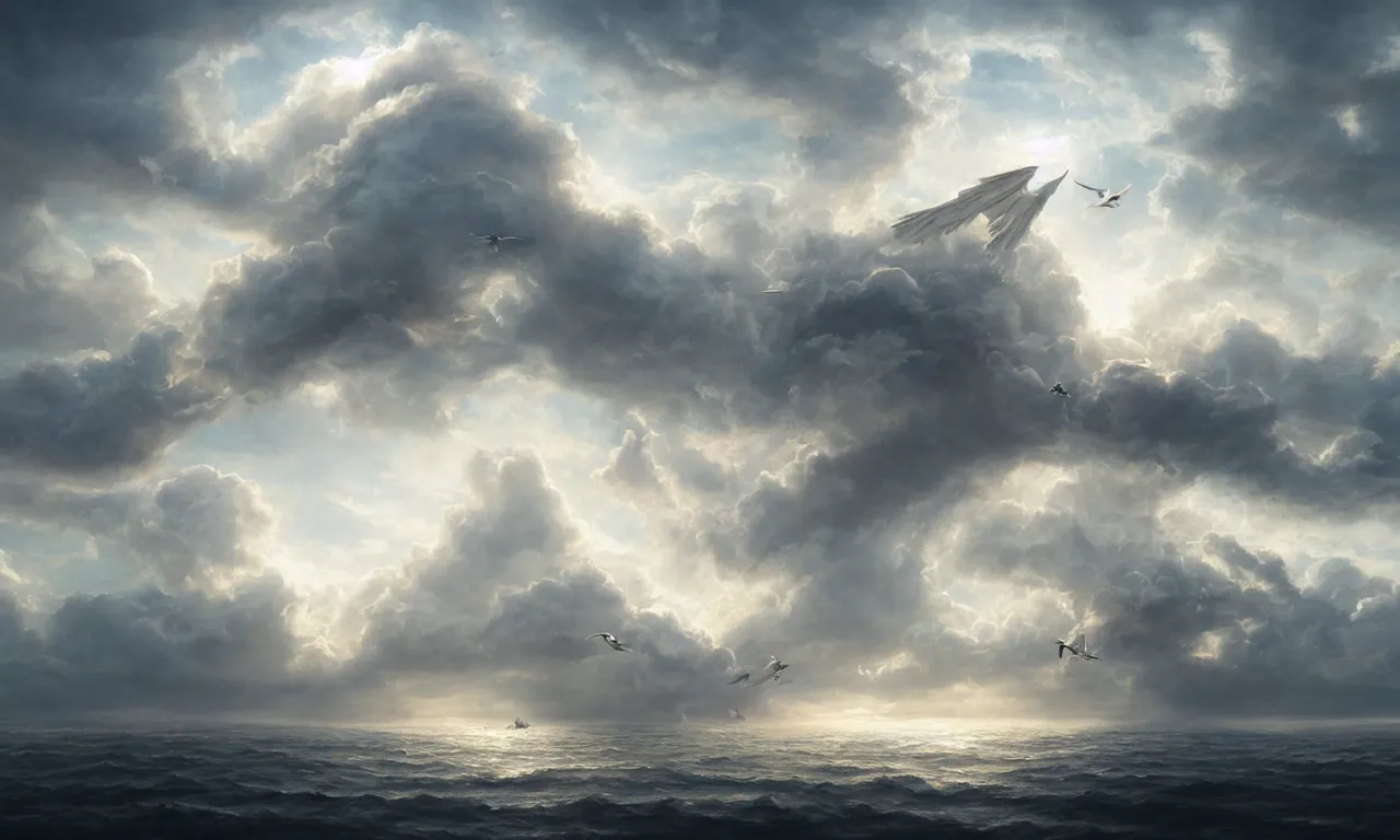 Image similar to a beautiful digital painting of a white ship merged in the clouds, birds flying in the sunlight, intircated tumultuous clouds, blue sky at sunset, elegant, highly detailed, artstation, concept art, matte, sharp focus, art by tom bagshaw, kelogsloops and greg rutkowski