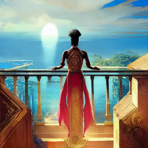 Prompt: a fijian queen looks down on her city from the palace balcony, fantasy art by greg rutkowski