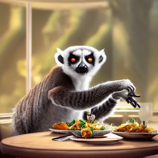 Prompt: ring - tailed lemur having lunch in a restaurant by greg rutkowski and thomas kinkade, trending on artstation, 3 d render octane