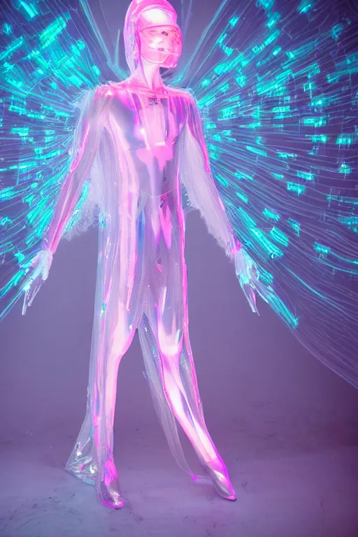 Image similar to full-body rococo and cyberpunk delicate crystalline sculpture of a muscular iridescent slender man as a humanoid deity wearing a thin see-through plastic hooded cloak sim roupa, posing like a superhero, glowing pink face, crown of white lasers, large diamonds, swirling black silk fabric. futuristic elements. oozing glowing liquid, full-length view. space robots. human skulls. throne made of bones, intricate artwork by caravaggio. Trending on artstation, octane render, cinematic lighting from the right, hyper realism, octane render, 8k, depth of field, 3D