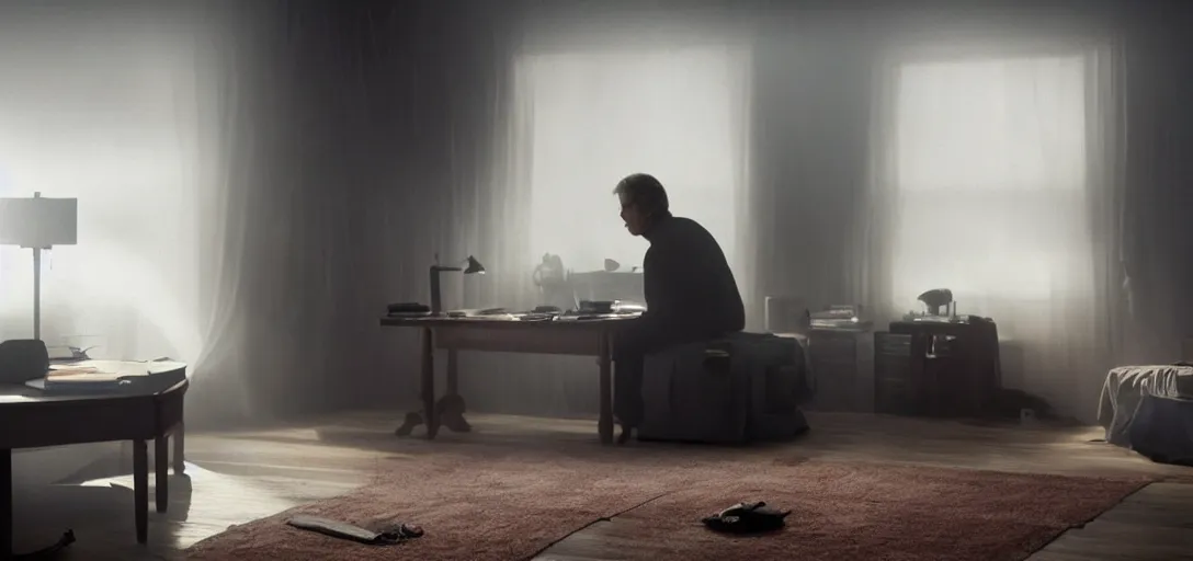 Prompt: an isolated man sitting at his computer in his bedroom, foggy, cinematic shot, photo still from movie by denis villeneuve, wayne barlowe