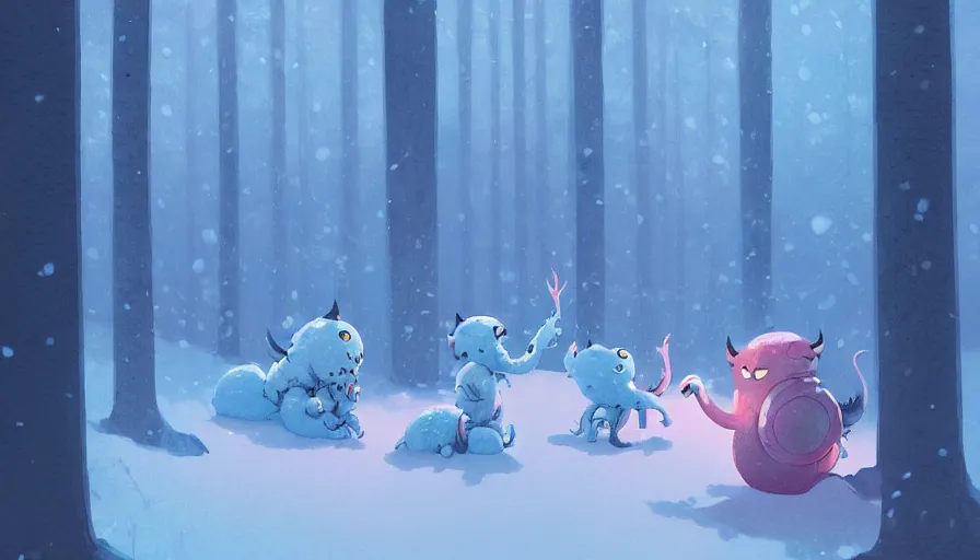 Prompt: a beautiful highly detailed matte painting of cute monsters in a snowy forest by atey ghailan, cliff chiang, loish and goro fujita, white, blue, pink and cyan mystical tones, featured on artstation, featured on behance, grunge aesthetic