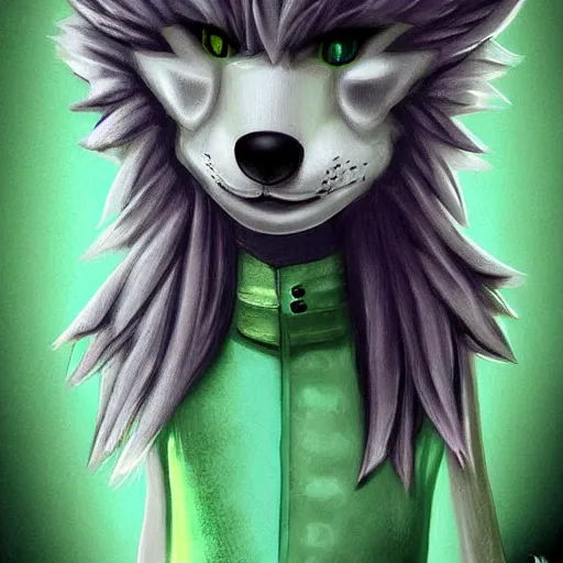 Prompt: Beautiful digital painting of an anthro anthropomorphic pastel-green androgynous wolf, Punk outfit. cute