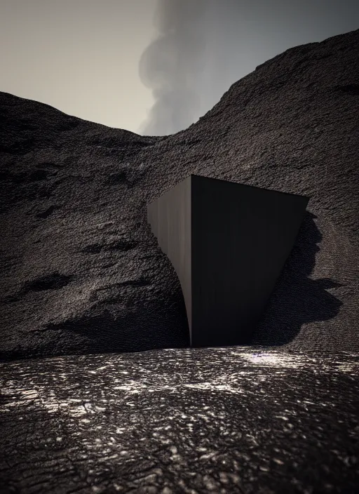Image similar to tall black geometric house embedded in tall a lava cliff, full view, black house, molten metal house, minimal, rippled white landscape, dwarven architecture, light from molten iron, octane render, hyper realistic, 8 k, octane render