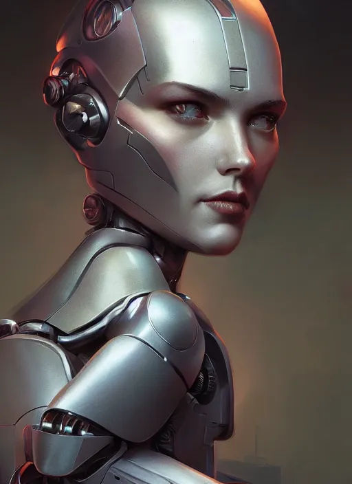 Image similar to hyper realistic portrait of heroic machine robotic android beautiful girl, cinematic, artstation, cgsociety, full face shoulder, greg rutkowski, james gurney, mignola, craig mullins, brom redshift, vray, octane