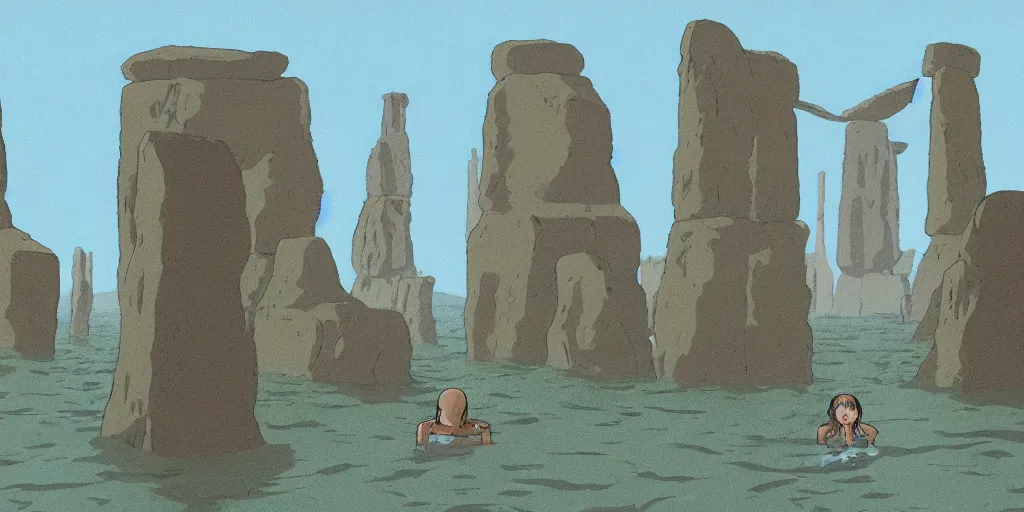 Image similar to a realistic cell - shaded studio ghibli concept art from paprika ( 2 0 0 6 ) of an aquatic ape from close encounters of the third kind ( 1 9 7 7 ) in a flooded monument valley stonehenge. very dull colors, wide shot, hd, 4 k, hq