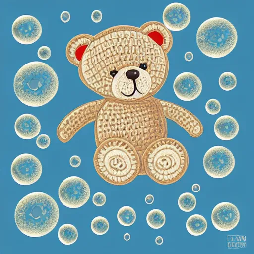 Image similar to teddybear surrounded by bubbles, vector art, crochet, cute, art print, lithography