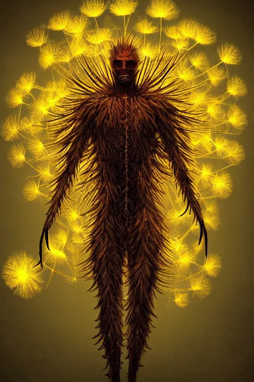 Image similar to glowing luminescent dandelion humanoid figure monster, symmetrical, highly detailed, digital art, sharp focus, trending on art station, amber eyes, autumnal colours