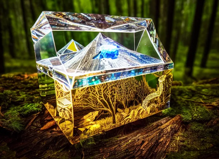 Image similar to photo of a crystal box with a magical kingdom inside, in the forest. Fantasy magic style. Highly detailed 8k. Intricate. Nikon d850 55mm. Award winning photography.