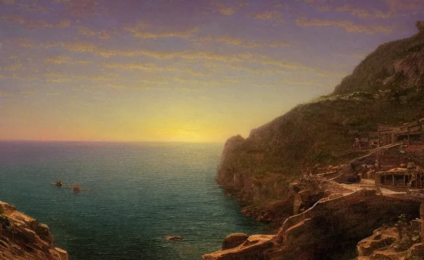 Prompt: early 1900s town on a cliff overlooking the ocean, at sunset, 4k, rule of thirds, extreme detail, hazy water, intricate ink illustration, trending on artstation, cgsociety, hd, calm, complimentary colours, realistic lighting, by Albert Bierstadt, Frederic Edwin Church.